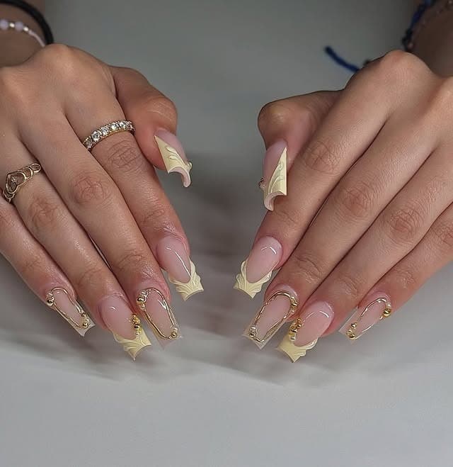 12. Sculpted Square Nails with Soft Nude Base and Gold Baroque Tips - nail ideas with gold