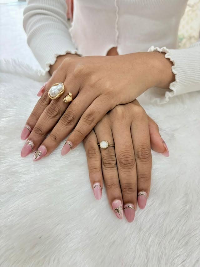13. Soft Pink Almond Nails with Minimal Gold Line Accents - nail ideas with gold