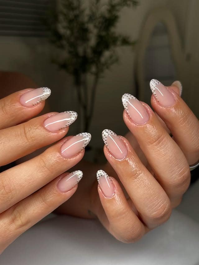 16. Short Almond Nails with White Micro French and Gold Stud Detailing - nail ideas with gold