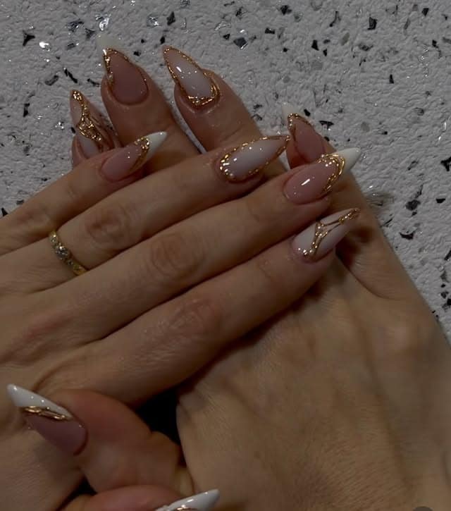 17. Nude and White Almond Nails with Gold Glitter Edging - nail ideas with gold