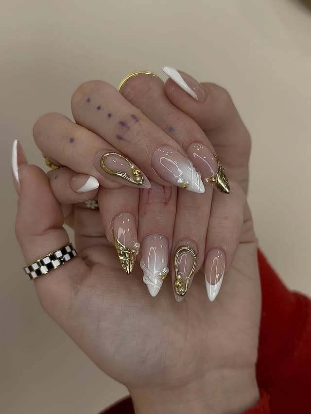18. Nude Stiletto Nails with Gold Chrome Frames and 3D Accents - nail ideas with gold