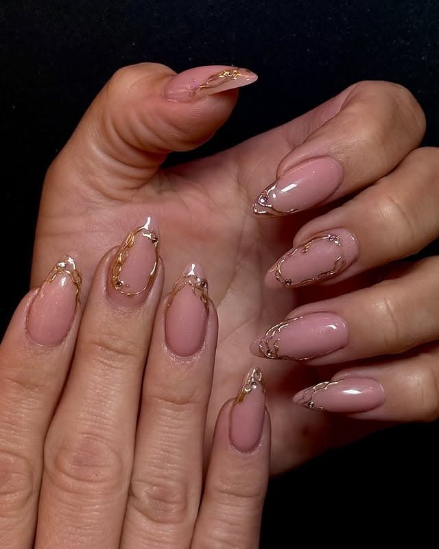 22. Soft Pink Almond Nails with Gold Foil Edging - nail ideas with gold