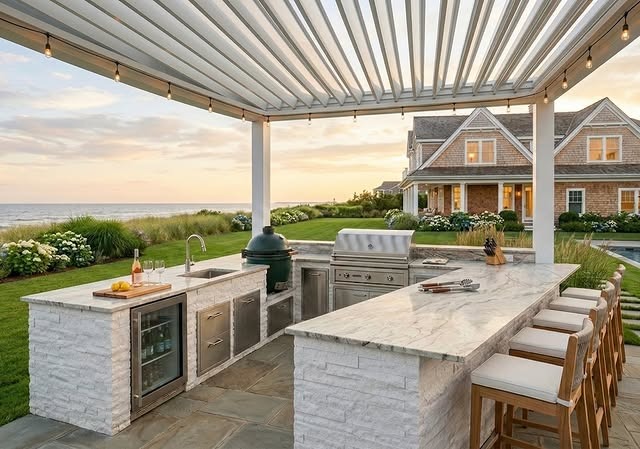 14. Coastal Outdoor Kitchen with Soft White Stone and Oceanfront Views - outdoor kitchen ideas