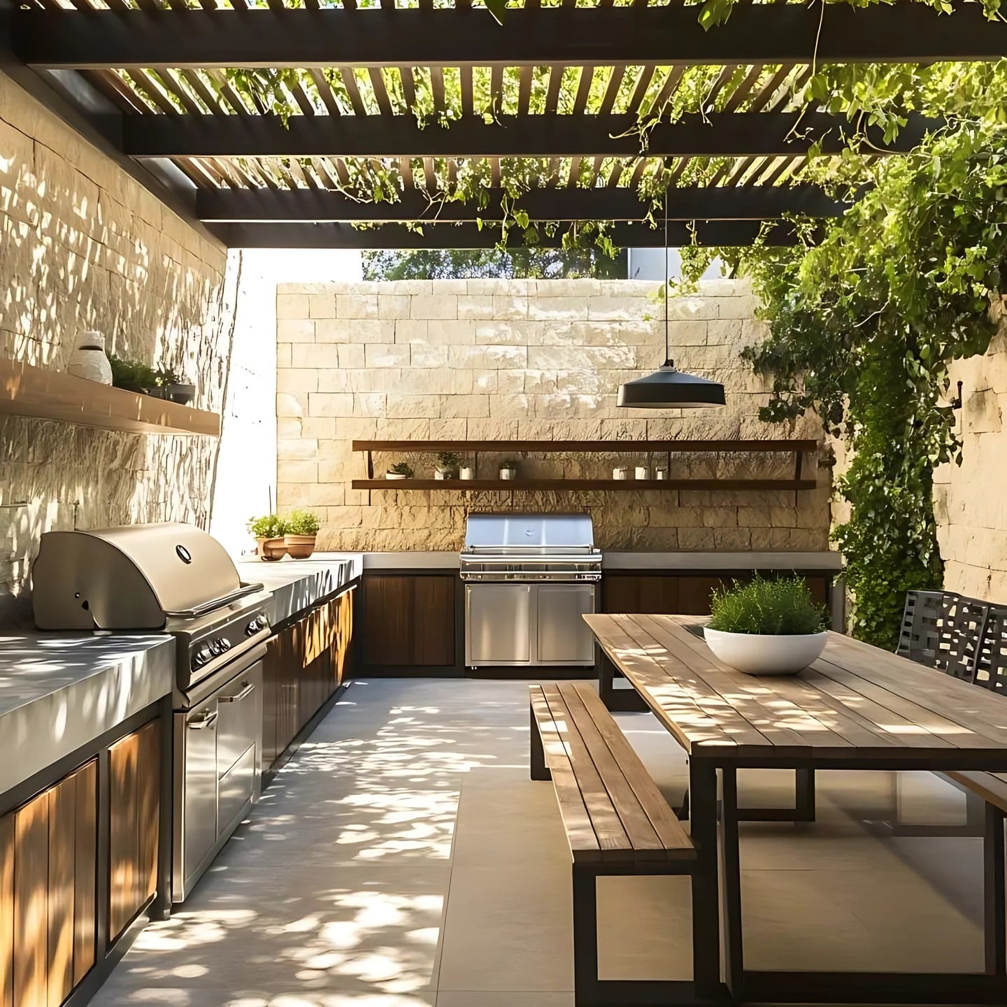 21. Modern Pergola Outdoor Kitchen with Natural Wood and Cream Stone Palette - outdoor kitchen ideas