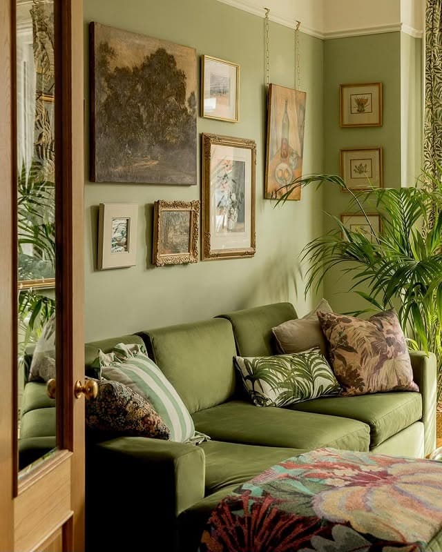 3. Light Olive Gallery Wall Living Room with Botanical Influence - green living room ideas