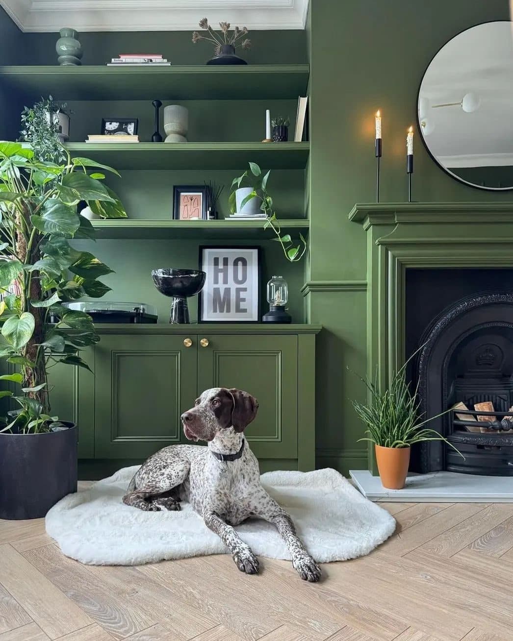 6. Classic Dark Green Built-In Living Room with Cozy Styling - green living room ideas