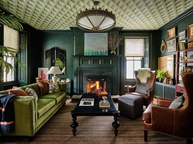 7. Heritage Green Living Room with Patterned Ceiling Detail - green living room ideas