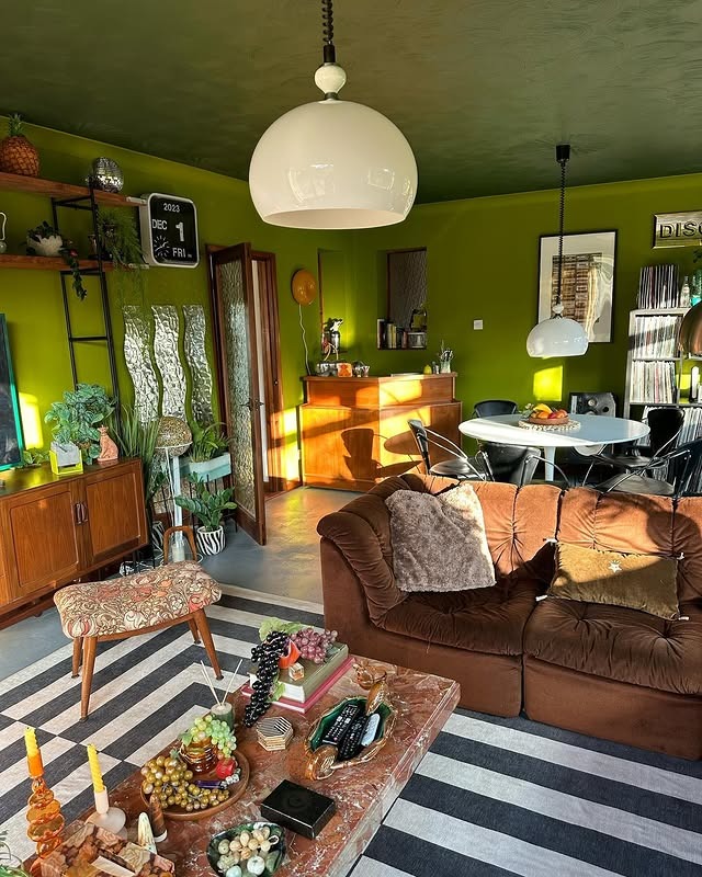 13. Vibrant Lime Green Living Room with Eclectic Retro Style - green living room ideas