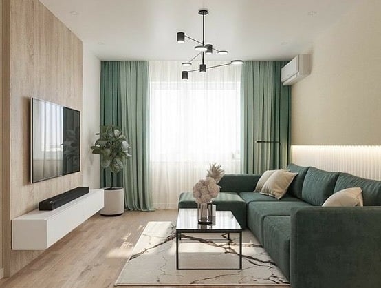20. Modern Sage Green Living Room with Minimalist Finishes - green living room ideas
