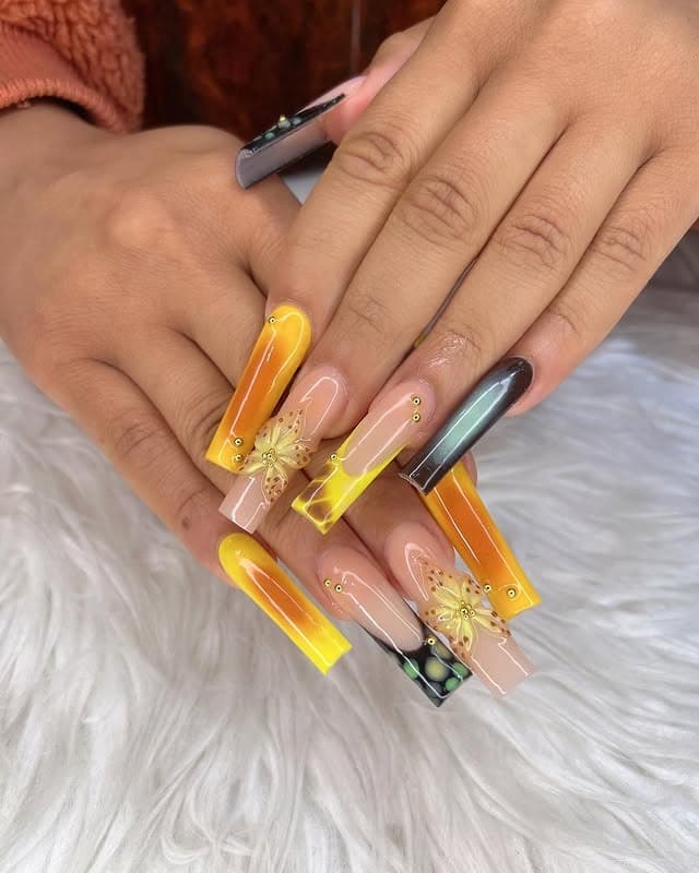 2. Sunset Ombre Square Nails with Butterfly Art - bling nail ideas