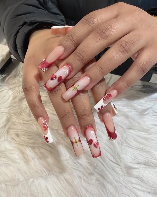 5. Red and White Square Nails with Heart Details - bling nail ideas
