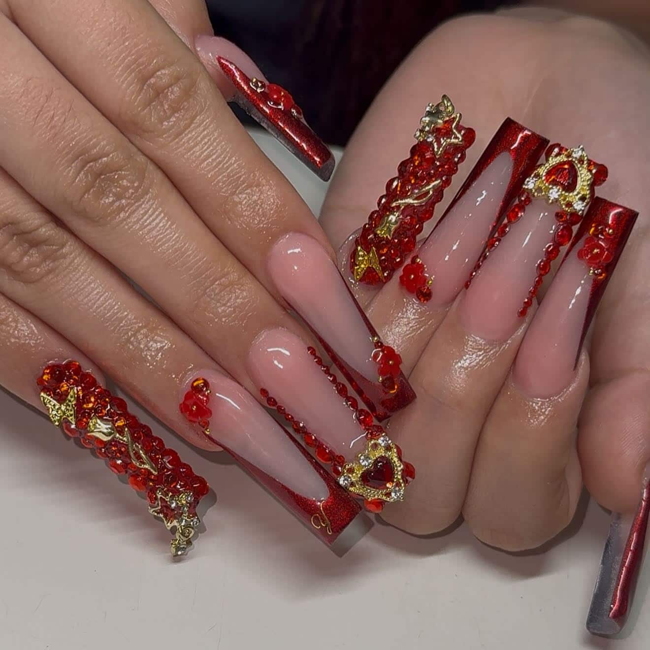 6. Deep Red Coffin Nails with 3D Crystal Embellishments - bling nail ideas