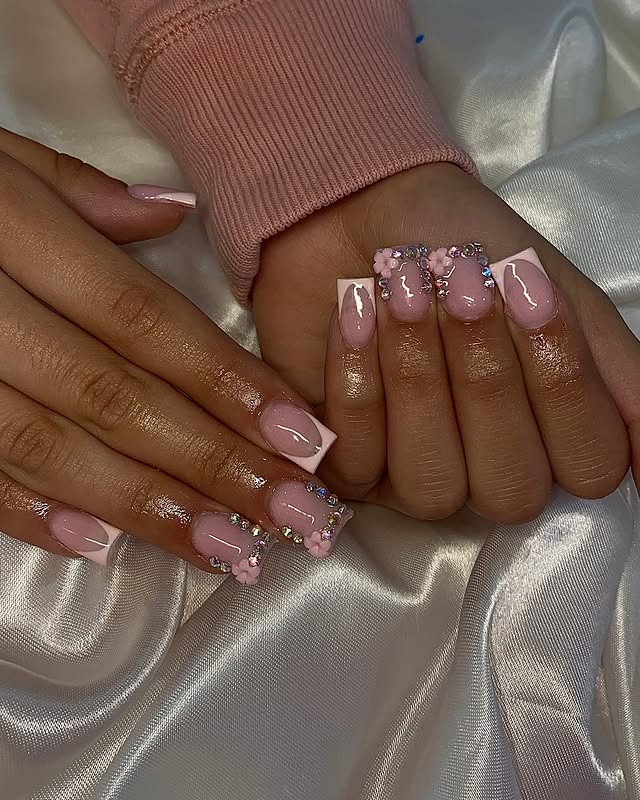 8. Baby Pink Square Nails with Rhinestone Clusters - bling nail ideas