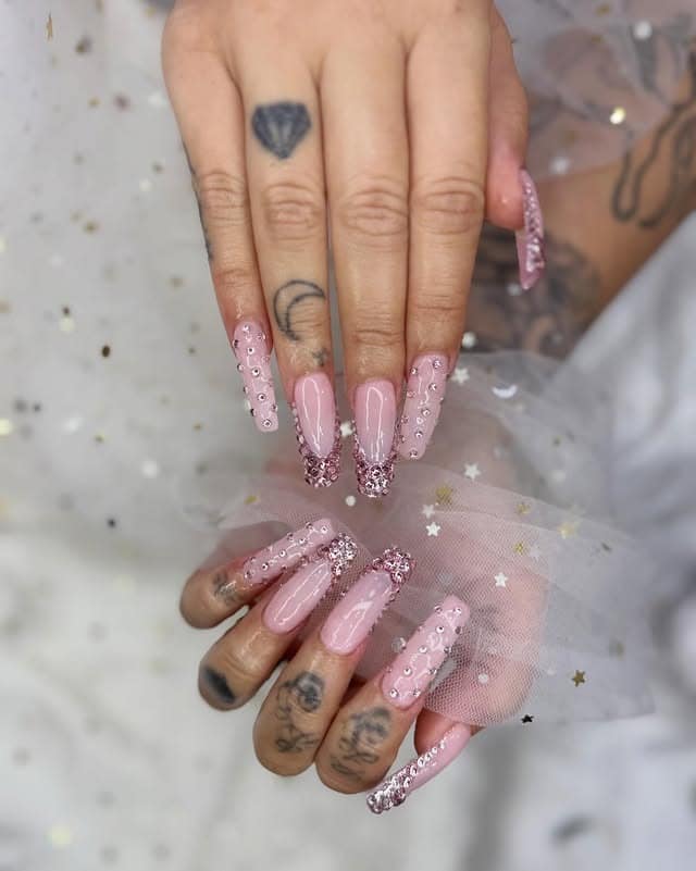 9. Blush Pink Coffin Nails with Glitter Fade and Gems - bling nail ideas