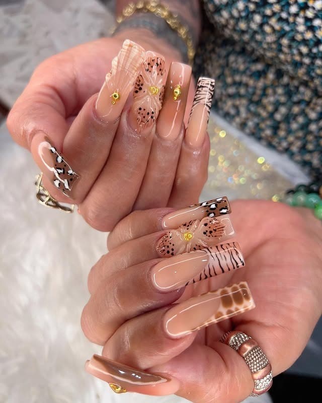 11. Nude Square Nails with Animal Print and Floral Accents - bling nail ideas