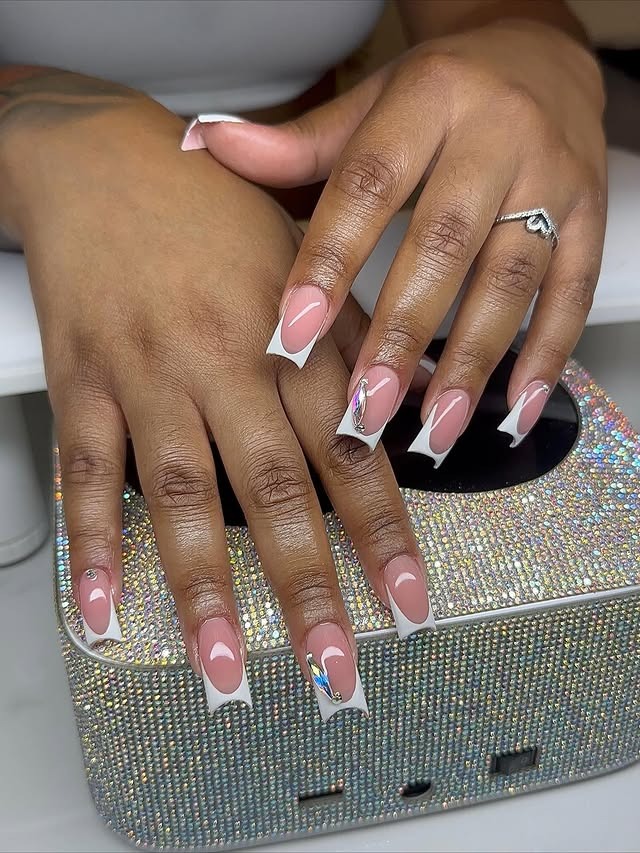 12. Soft Pink Square Nails with White French Tips and Rhinestones - bling nail ideas