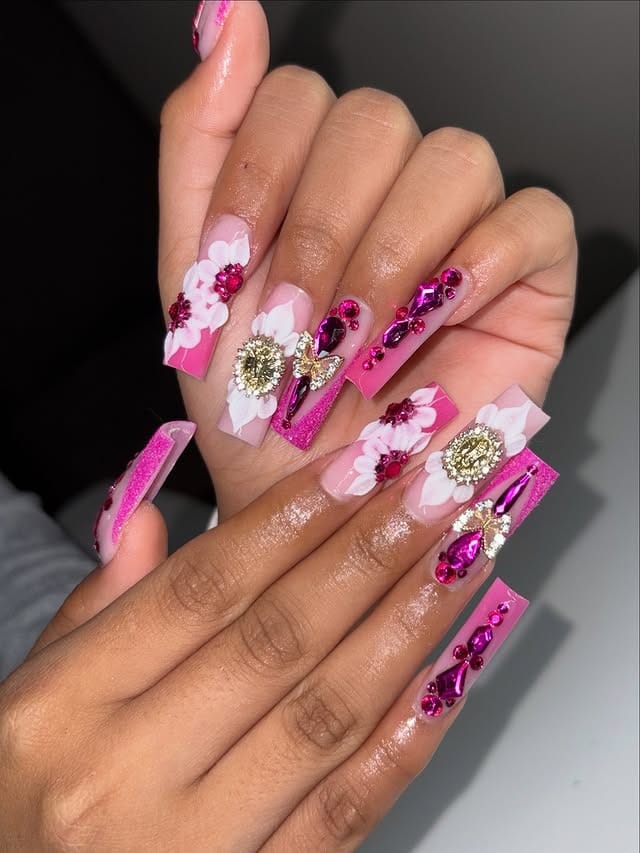 13. Hot Pink Coffin Nails with 3D Flowers and Crystal Details - bling nail ideas
