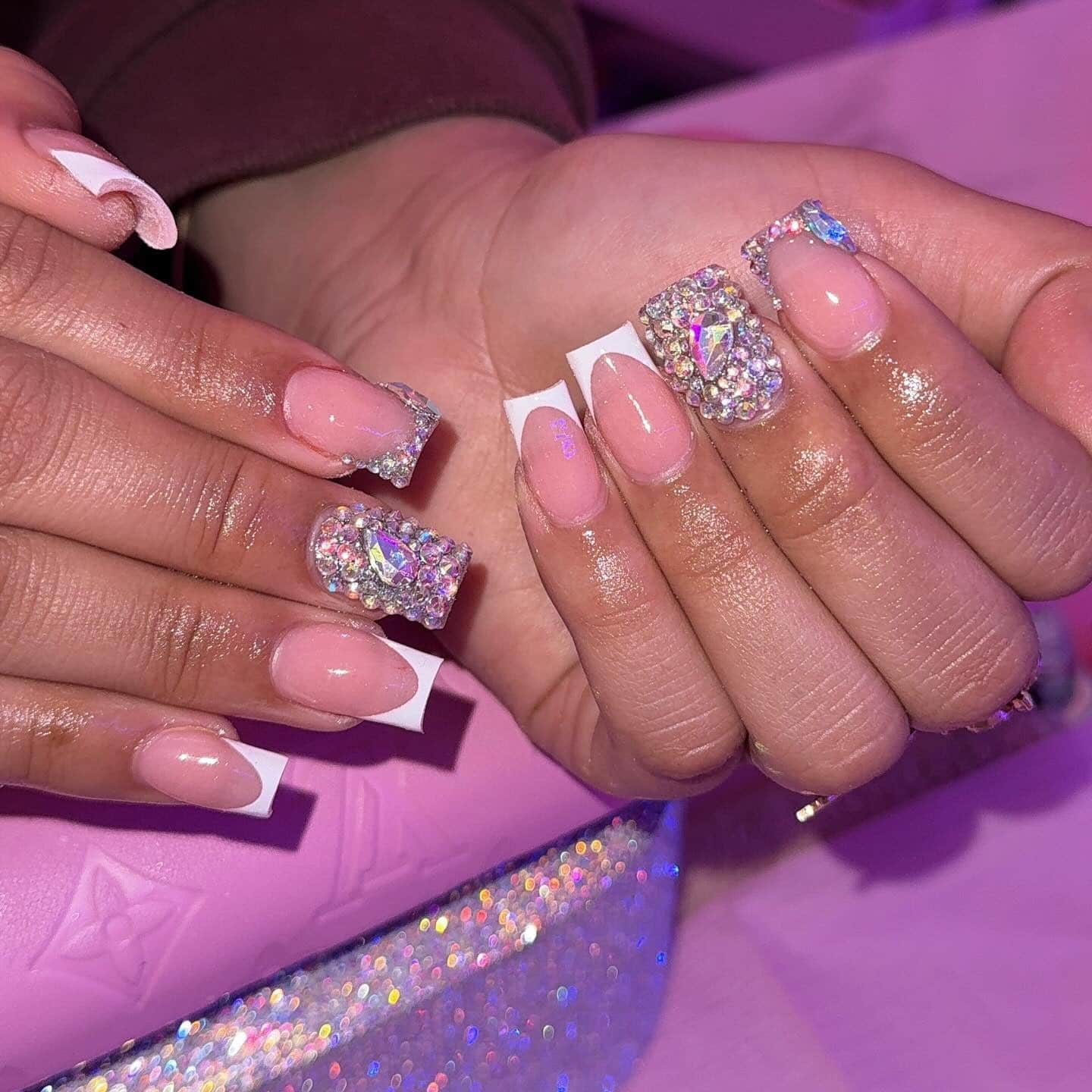 15. Baby Pink Square Nails with Heavy Rhinestone French Tips - bling nail ideas