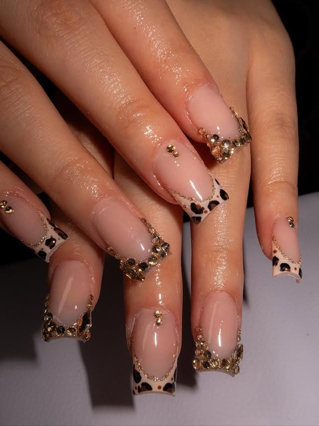16. Nude Square Nails with Leopard French Tips and Gold Accents - bling nail ideas