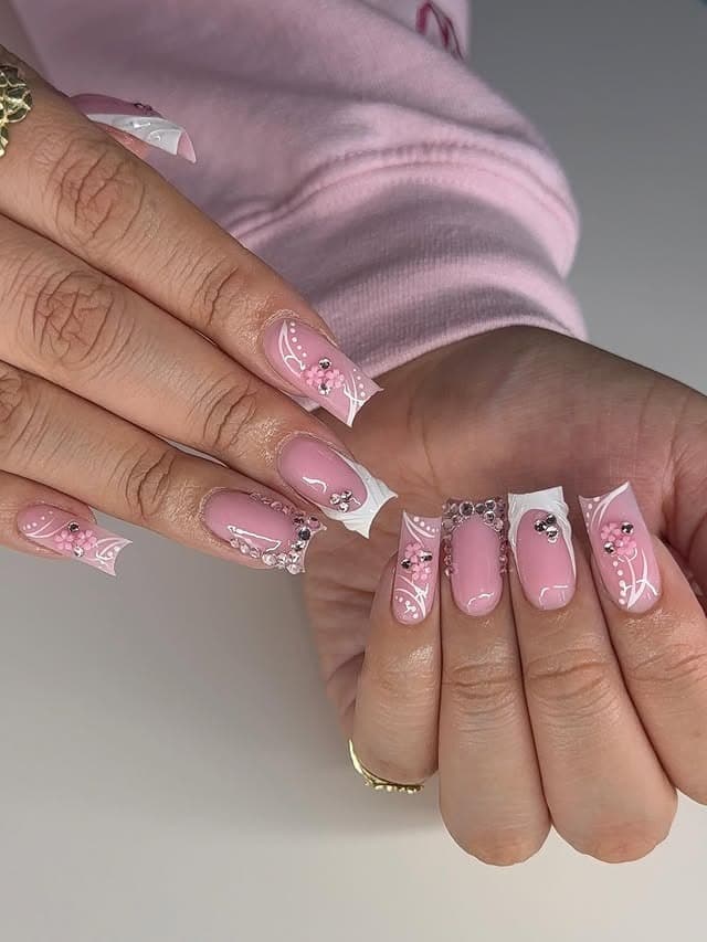 20. Soft Pink Square Nails with White Lace Art and Crystals - bling nail ideas