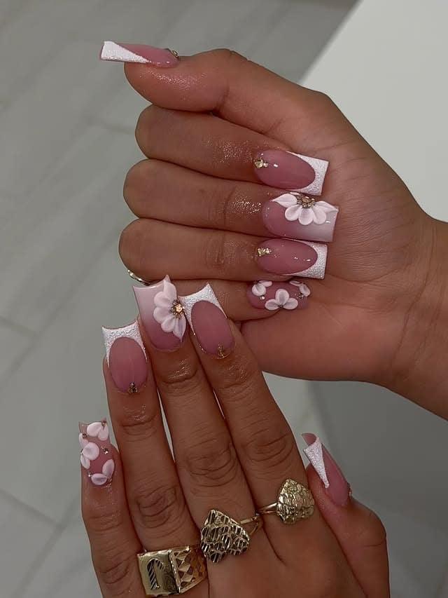 22. Soft Pink Square Nails with White Textured Tips and 3D Flowers - bling nail ideas
