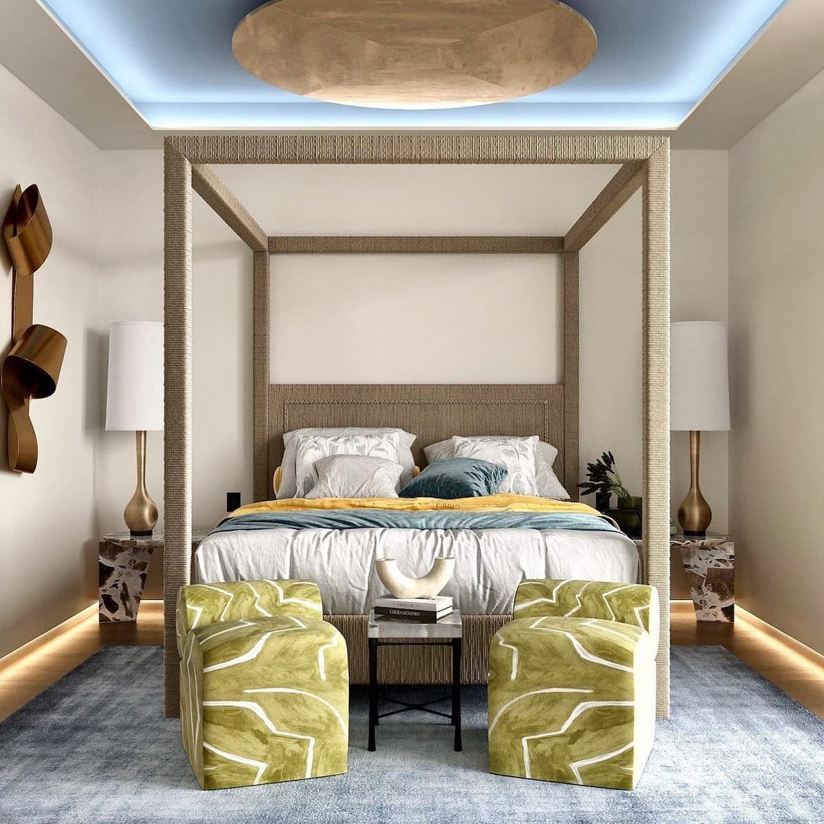 3. Neutral Luxe Canopy Bedroom with Sculptural Details - eclectic bedroom ideas