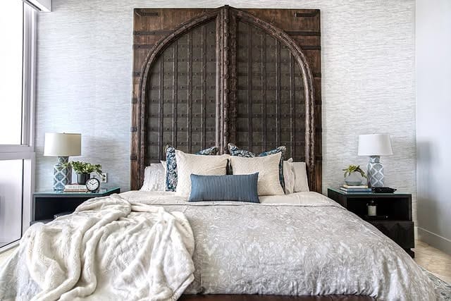 7. Rustic Modern Bedroom with Statement Wooden Headboard - eclectic bedroom ideas