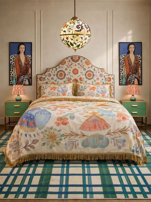 9. Whimsical Floral Bedroom with Pattern Play - eclectic bedroom ideas