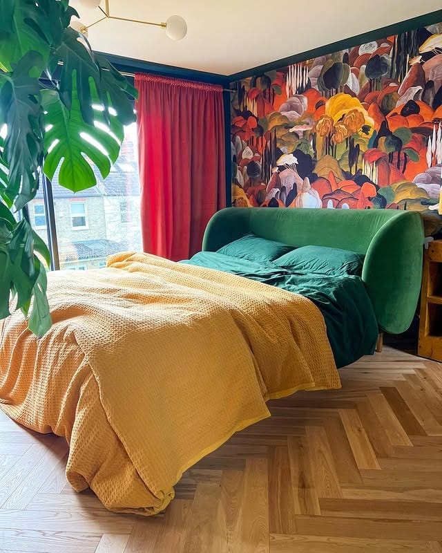 11. Bold Botanical Bedroom with Emerald Green and Mustard Accents - eclectic bedroom ideas