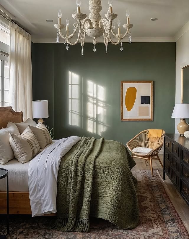 12. Classic Green Bedroom with Cream and Brass Details - eclectic bedroom ideas