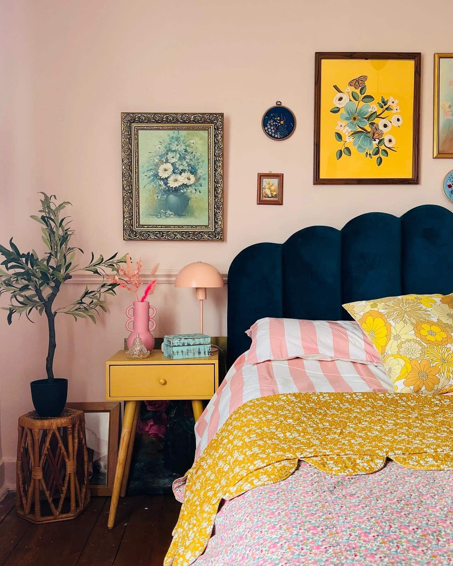 13. Playful Pastel Bedroom with Yellow and Blush Accents - eclectic bedroom ideas