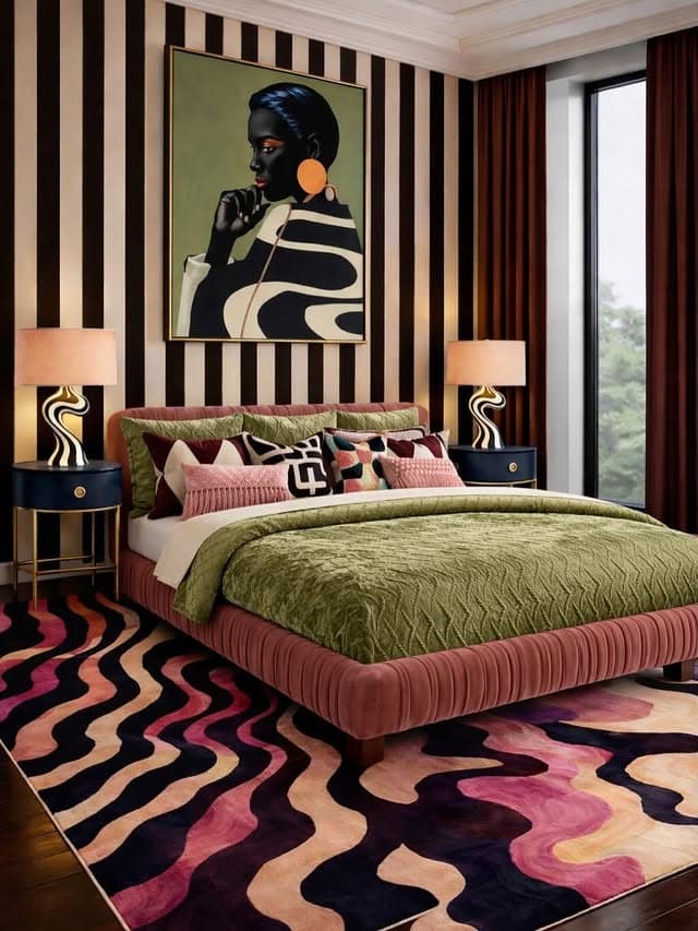 14. Graphic Eclectic Bedroom with Black, Terracotta, and Olive - eclectic bedroom ideas
