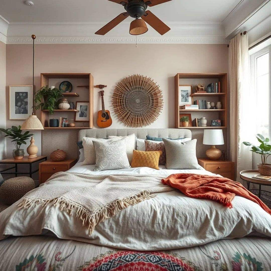 19. Cozy Eclectic Bedroom with Earthy Tones and Layered Decor - eclectic bedroom ideas