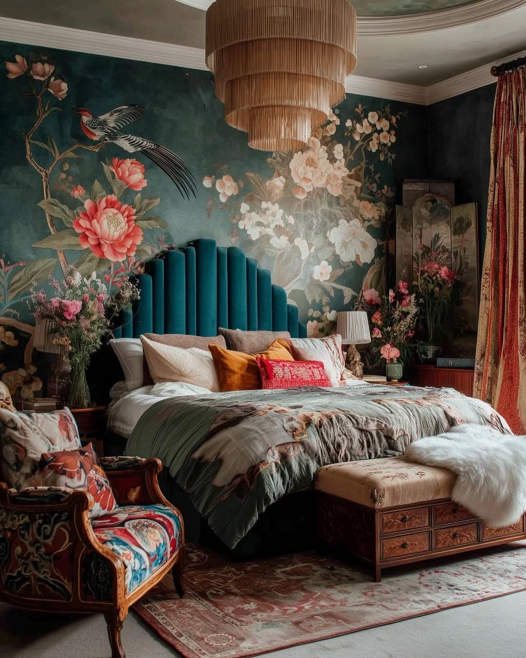 21. Moody Botanical Bedroom with Teal and Coral Accents - eclectic bedroom ideas