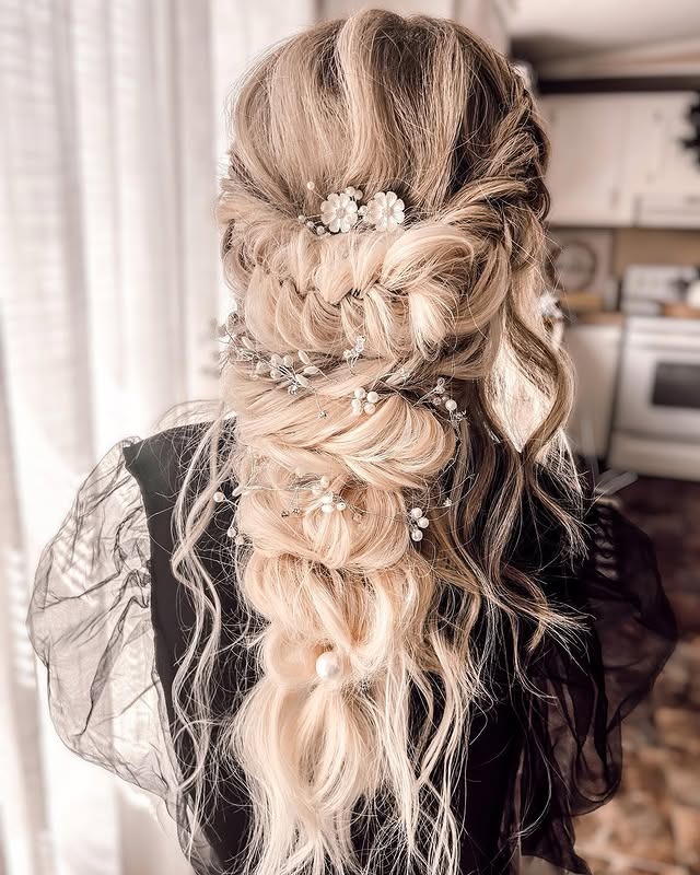10. Textured Braided Half-Up in Bright Blonde with Accessories - Boho Hairstyles