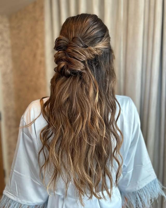 11. Twisted Half-Up Waves in Warm Brunette Balayage - Boho Hairstyles