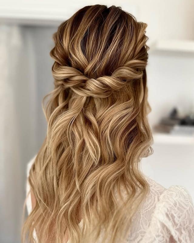 13. Polished Half-Up Twist in Golden Bronde - Boho Hairstyles