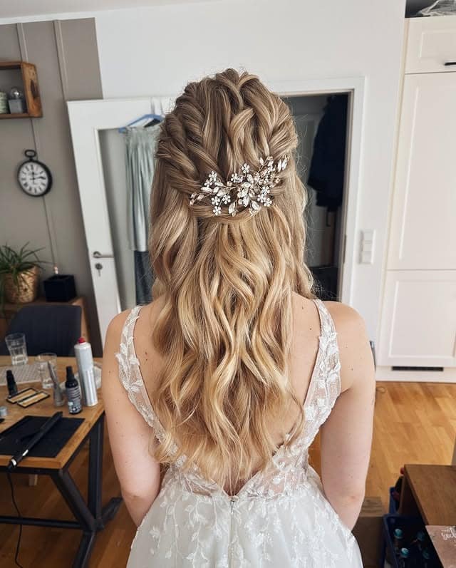17. Braided Crown Half-Up with Floral Detail in Beige Blonde - Boho Hairstyles