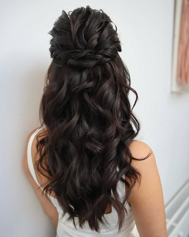 20. Voluminous Half-Up Waves in Deep Espresso Brown - Boho Hairstyles