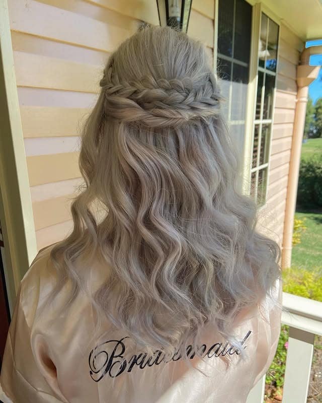 21. Braided Crown Half-Up Waves in Icy Platinum Blonde - Boho Hairstyles