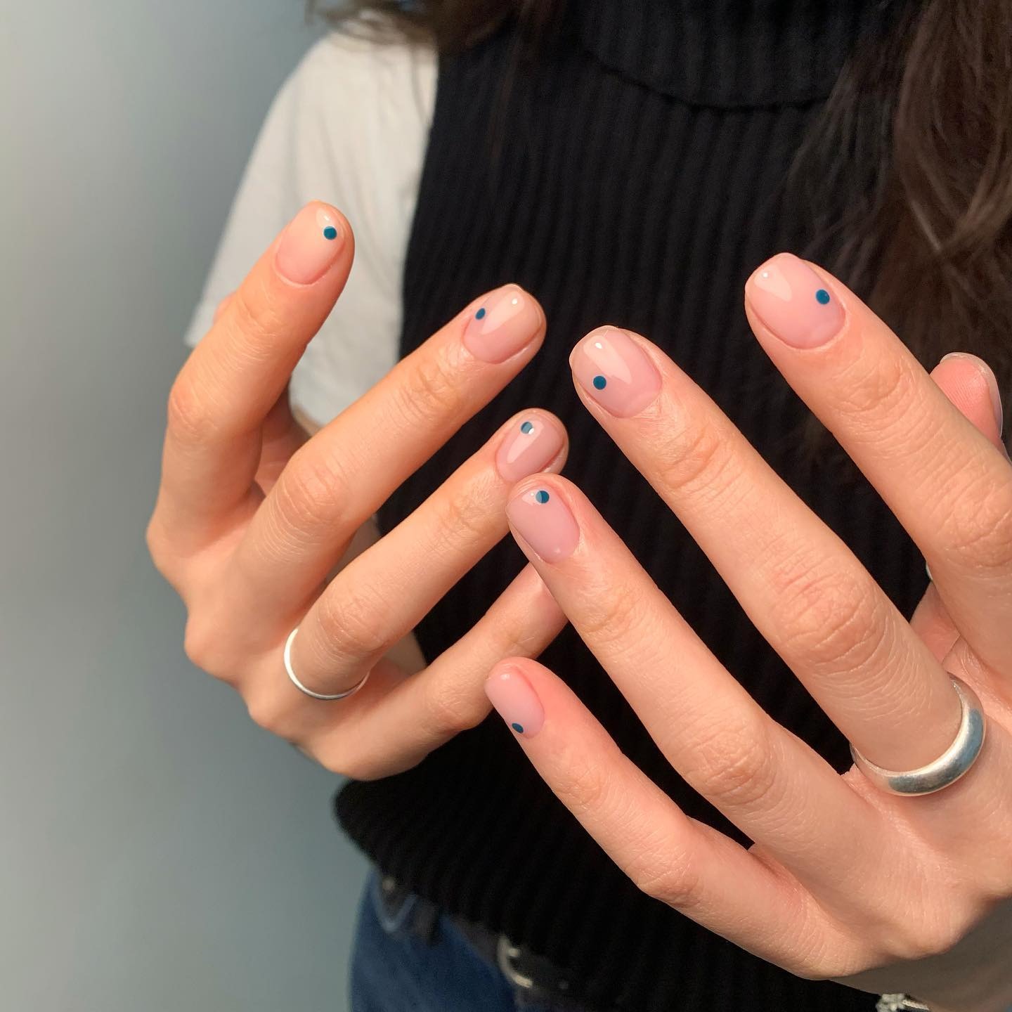 6. Minimal Nude with Blue Dot Accents - easy nail ideas