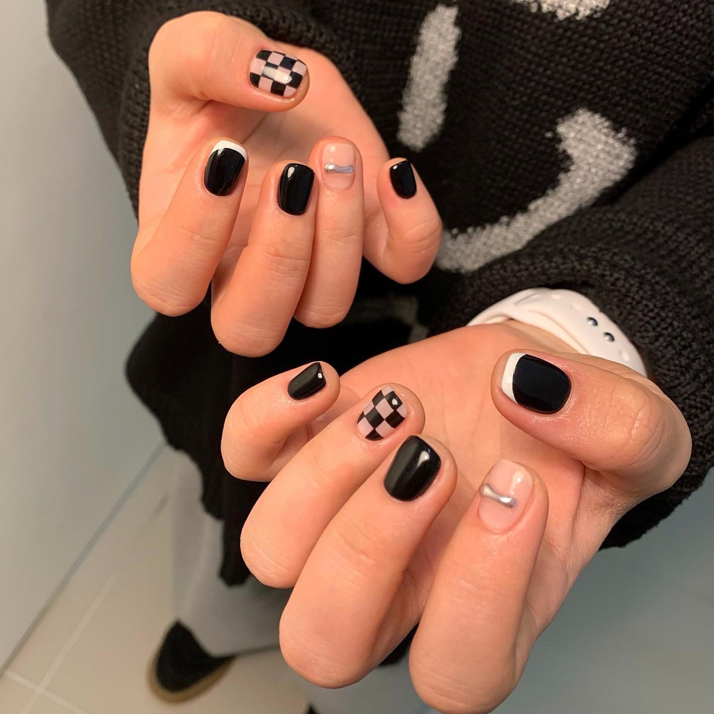 15. Black and Nude Checker Accent Nails - easy nail ideas
