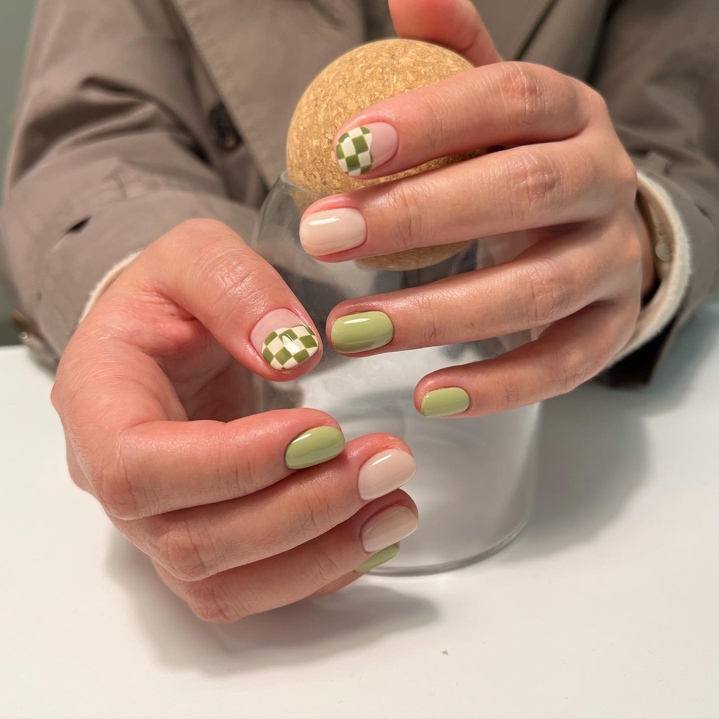 17. Sage Green and Nude Checker Nails - easy nail ideas