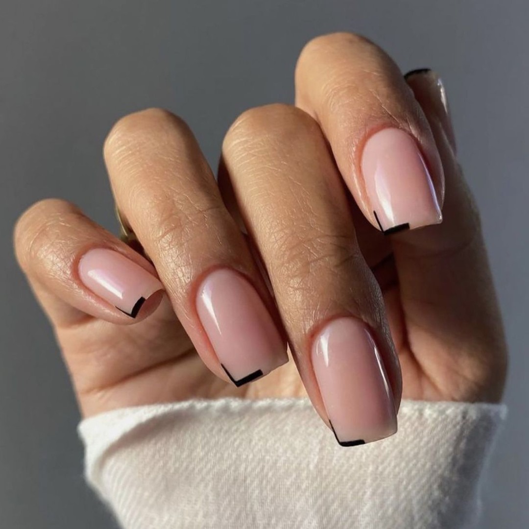 22. Nude Square Nails with Black Micro French Corners - easy nail ideas