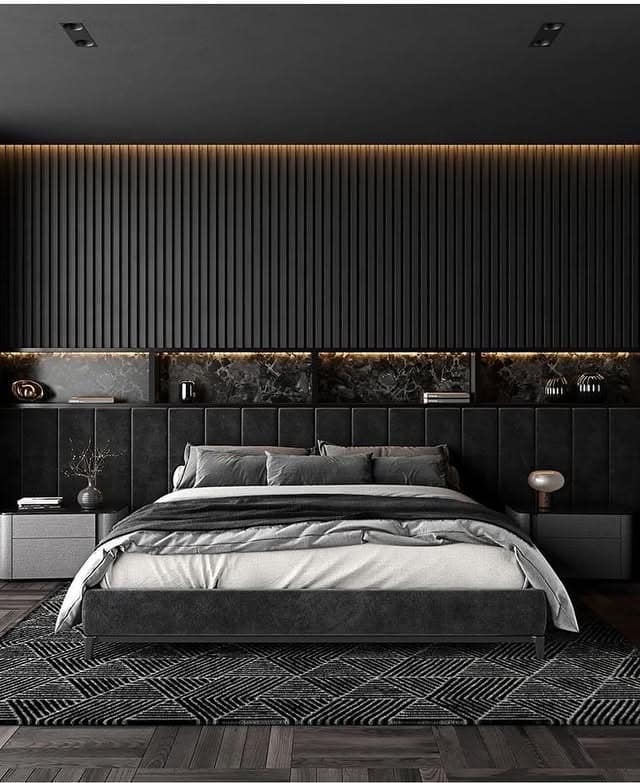 3. Dramatic Black Accent Wall Luxury Bedroom - black, white and grey bedroom ideas
