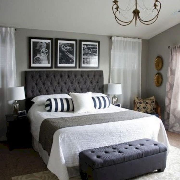 4. Classic Grey Tufted Headboard Bedroom - black, white and grey bedroom ideas
