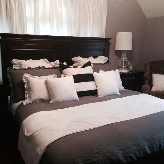 5. Dark Wood and Grey Layered Bedding Bedroom - black, white and grey bedroom ideas