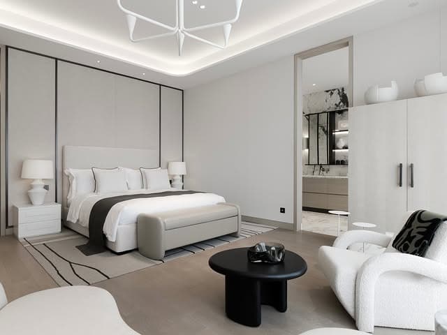 7. Contemporary White and Grey Open Bedroom Suite - black, white and grey bedroom ideas