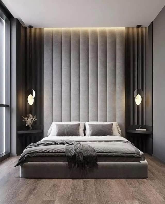 8. Modern Grey Panel Feature Wall Bedroom - black, white and grey bedroom ideas