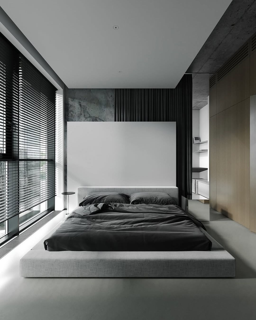 9. Urban Black and Grey Minimalist Bedroom - black, white and grey bedroom ideas